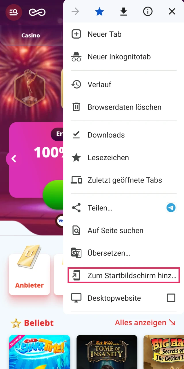 Fugen Sie Casino Infinity zu Ihrem Android-Startbildschirm hinzu.