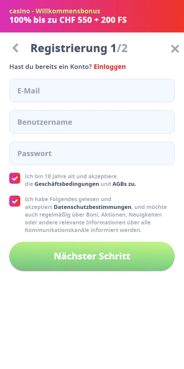 Registrieren Sie sich fur die Casino Infinity Android-App.