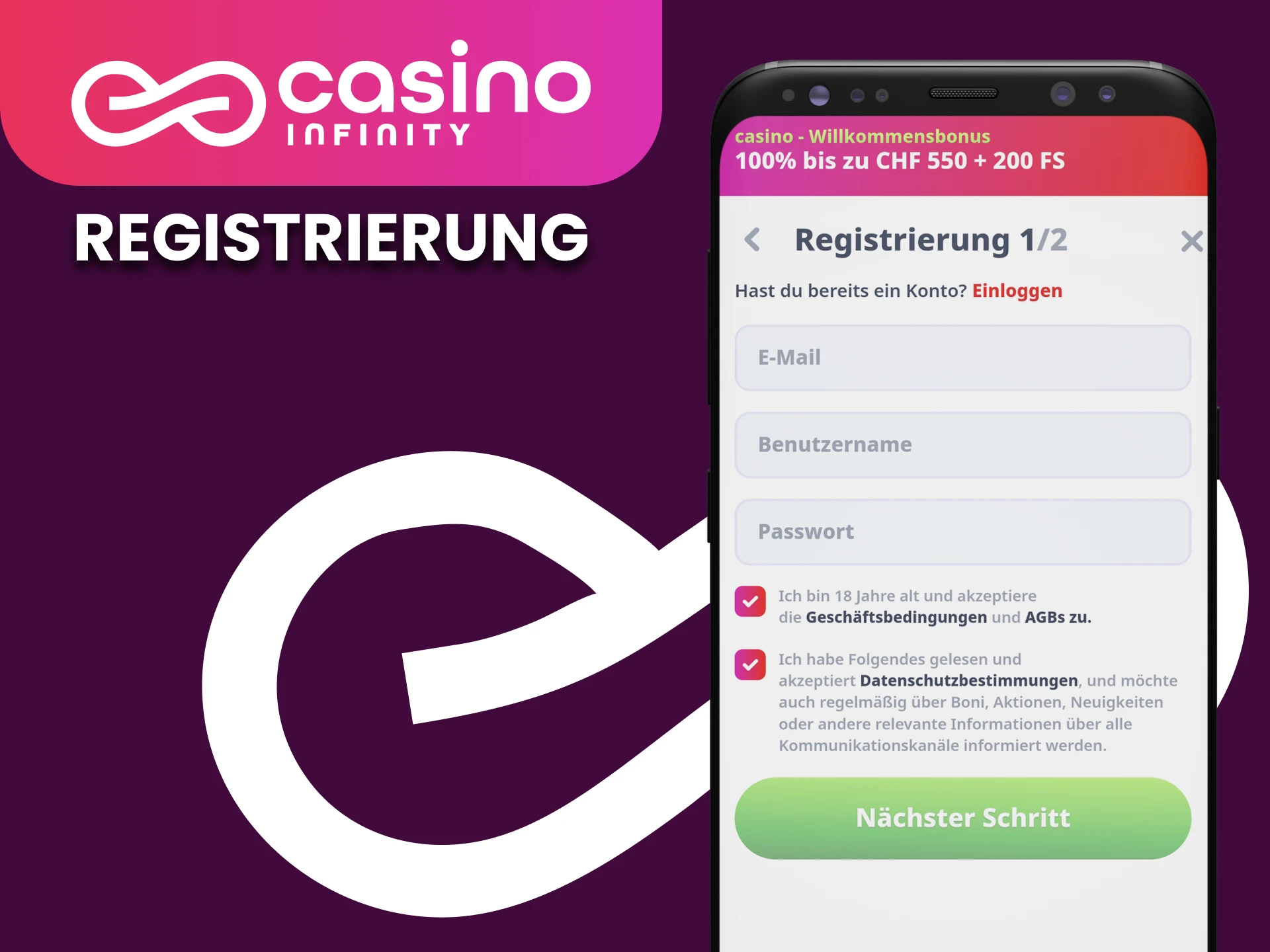 Befolgen Sie diese Schritte, um sich fur die mobile Casino Infinity-App zu registrieren.