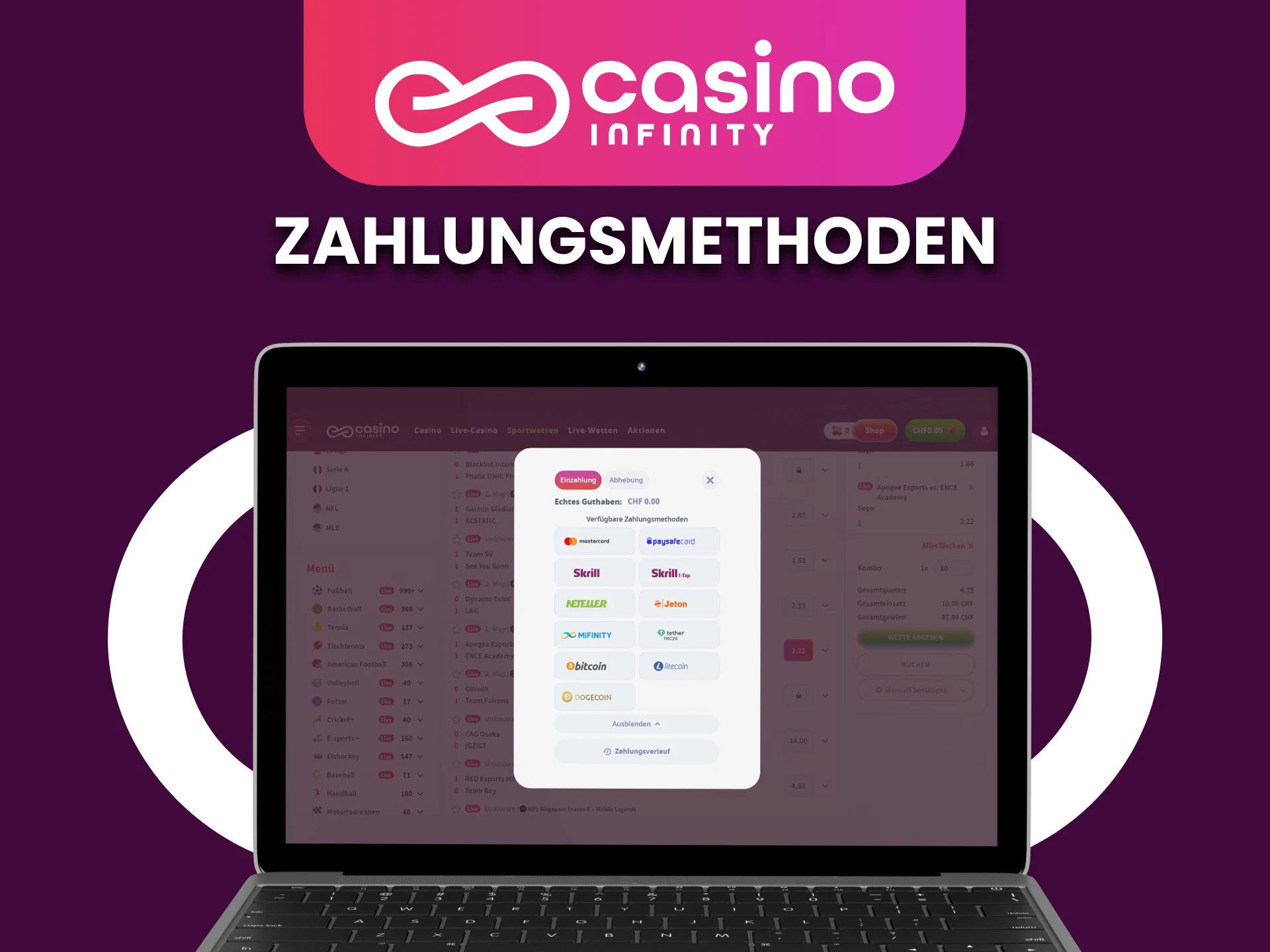 Hier finden Sie alle Zahlungsmethoden, die Casino Infinity Schweizer Nutzern anbietet.