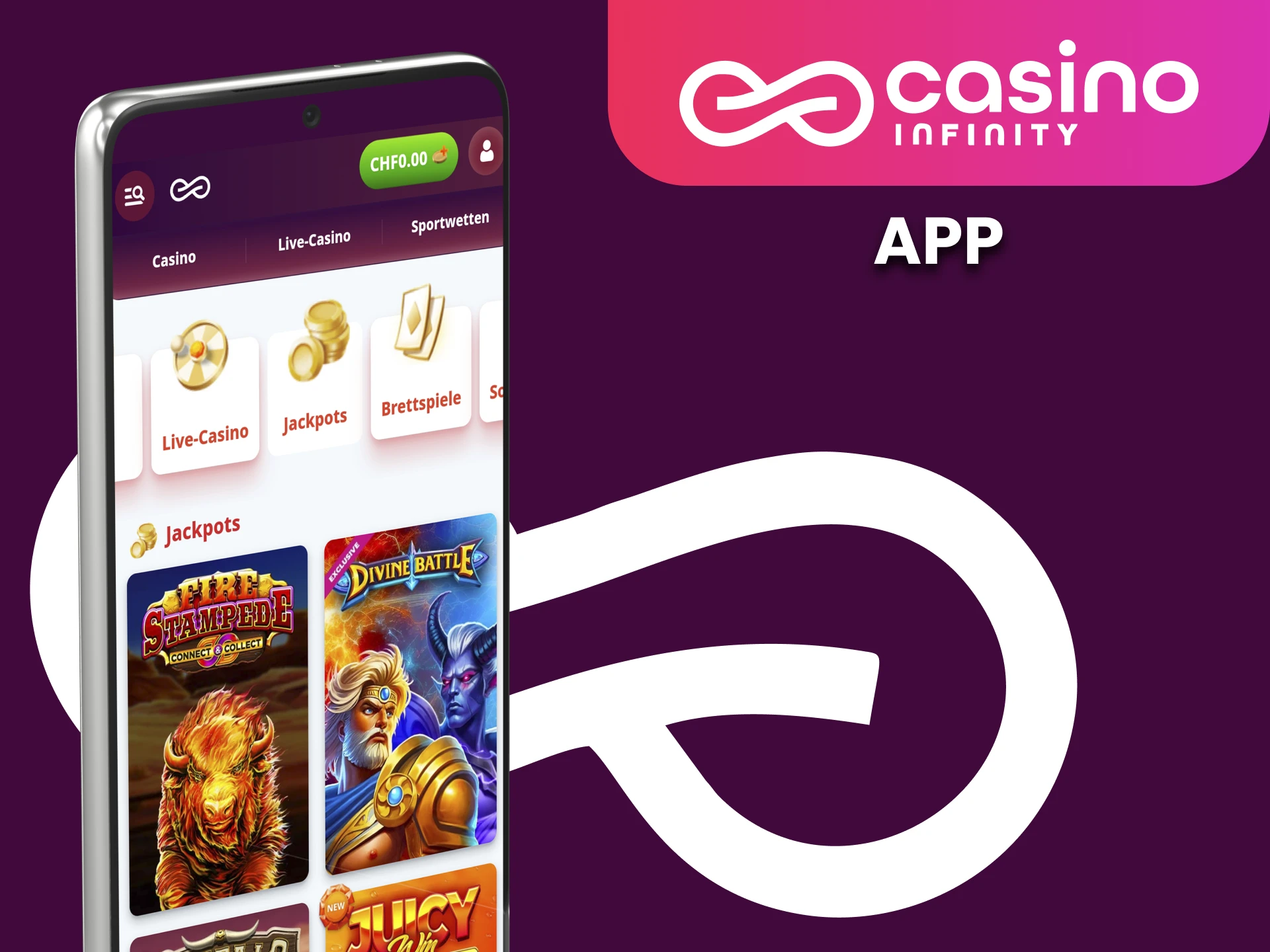 Spielen Sie Jackpot-Spiele und gewinnen Sie mit der mobilen Casino Infinity-App.