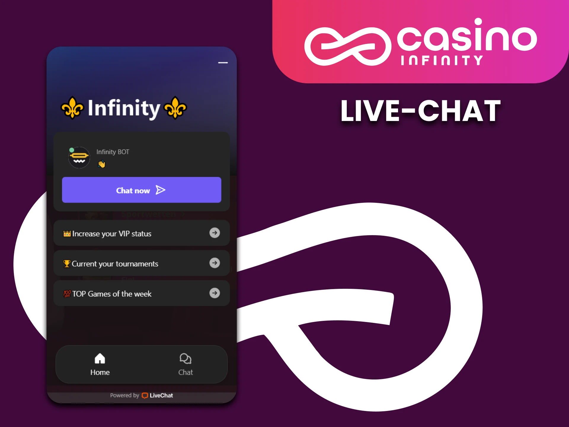 Kontaktieren Sie schnell den Casino Infinity-Support per Live-Chat.