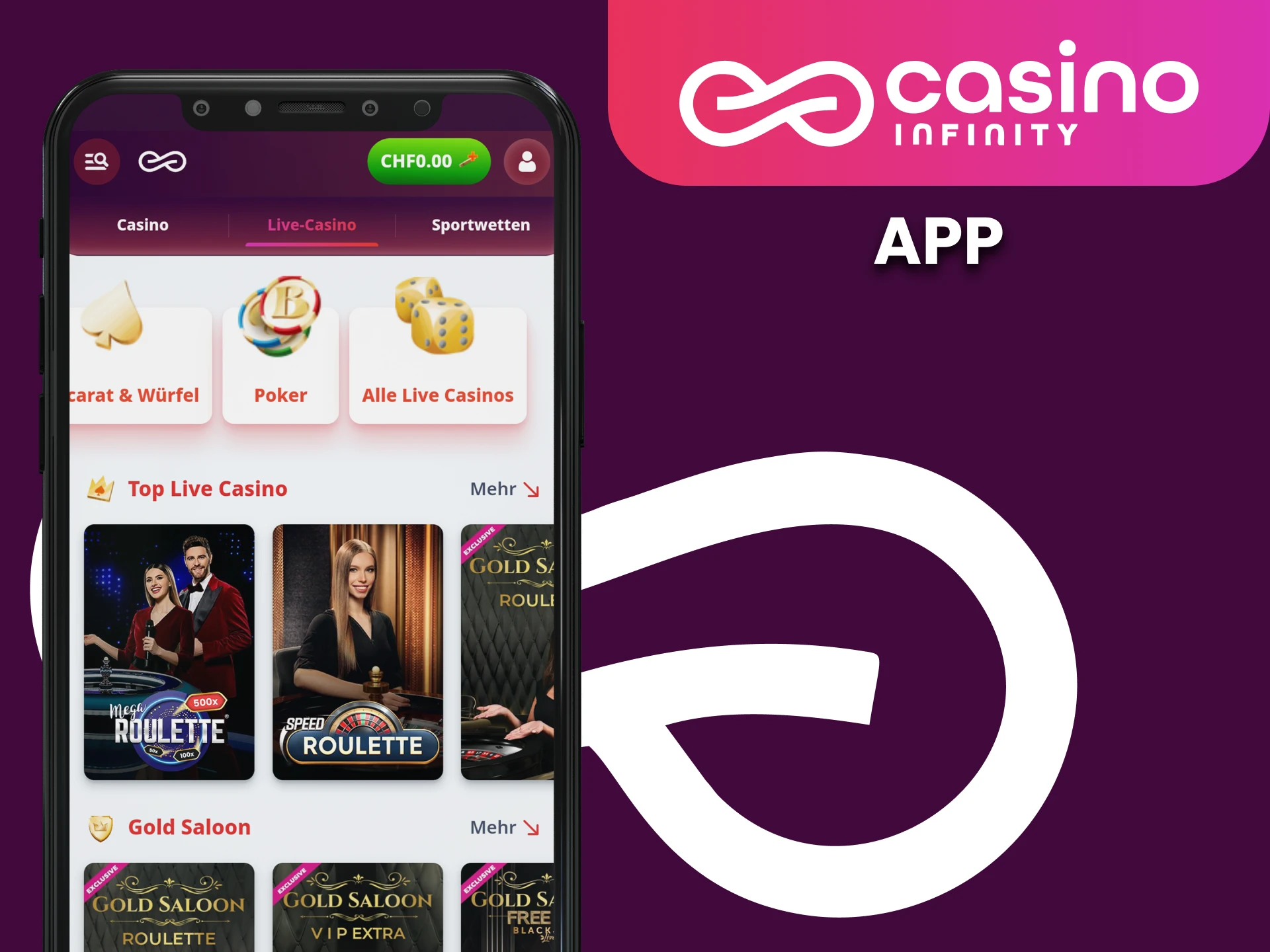 Greifen Sie mit der mobilen Casino Infinity-App schnell auf Live-Casinospiele zu.