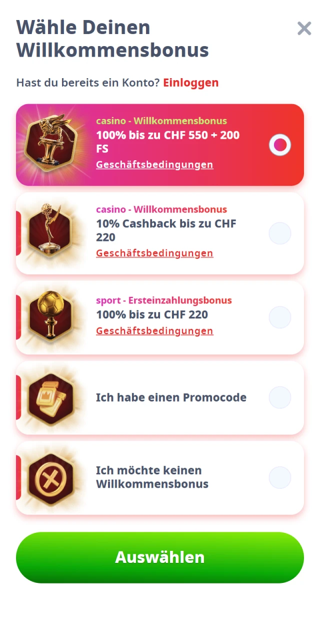 Wahlen Sie bei der Registrierung bei Casino Infinity Ihren bevorzugten Bonus aus.