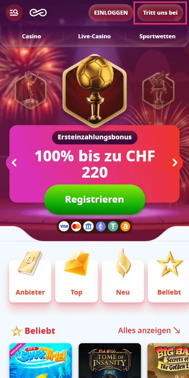 Klicken Sie bei Casino Infinity auf die Schaltflache Registrieren.