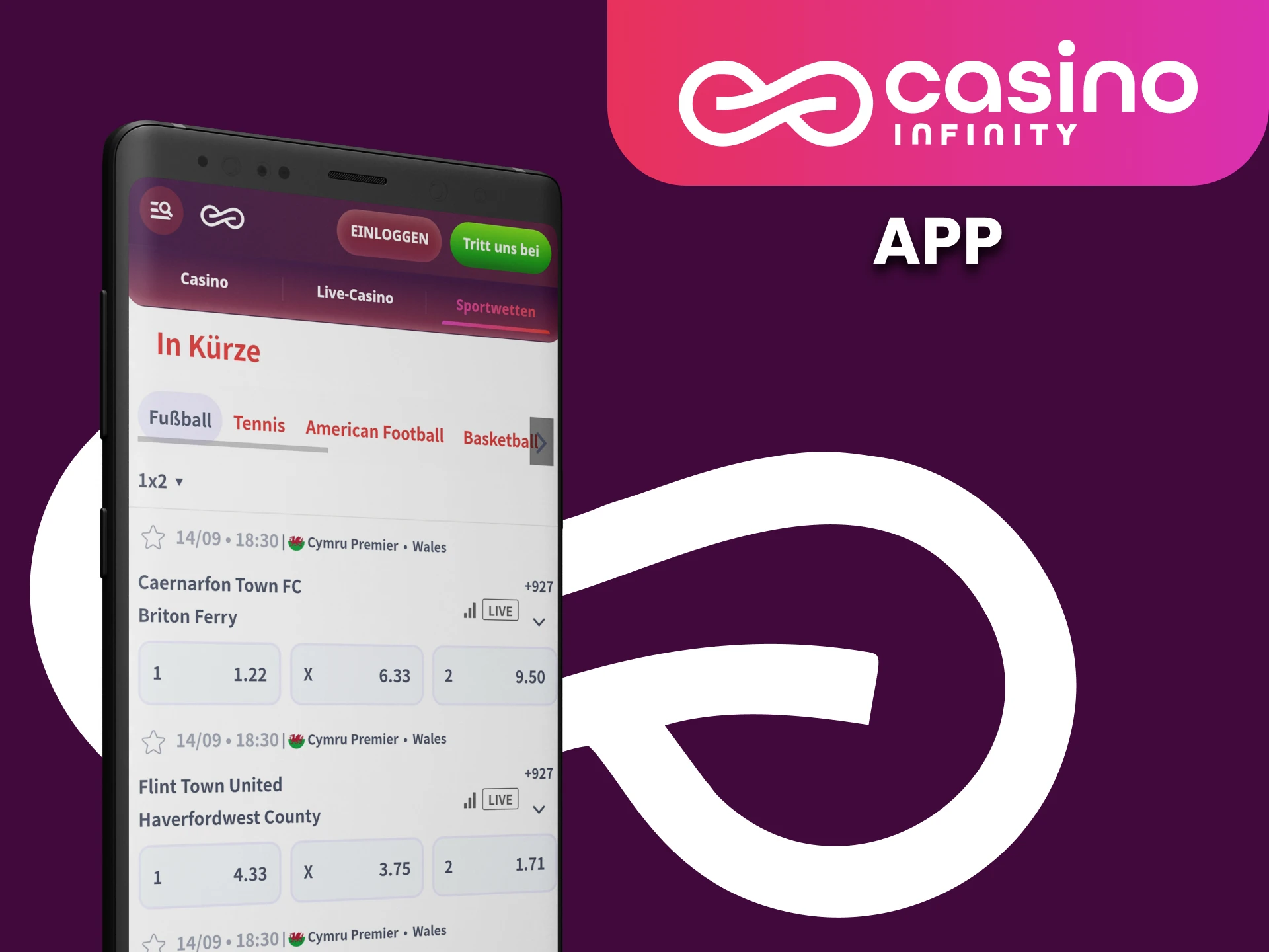 Platzieren Sie Sportwetten mit der mobilen Casino Infinity-App.