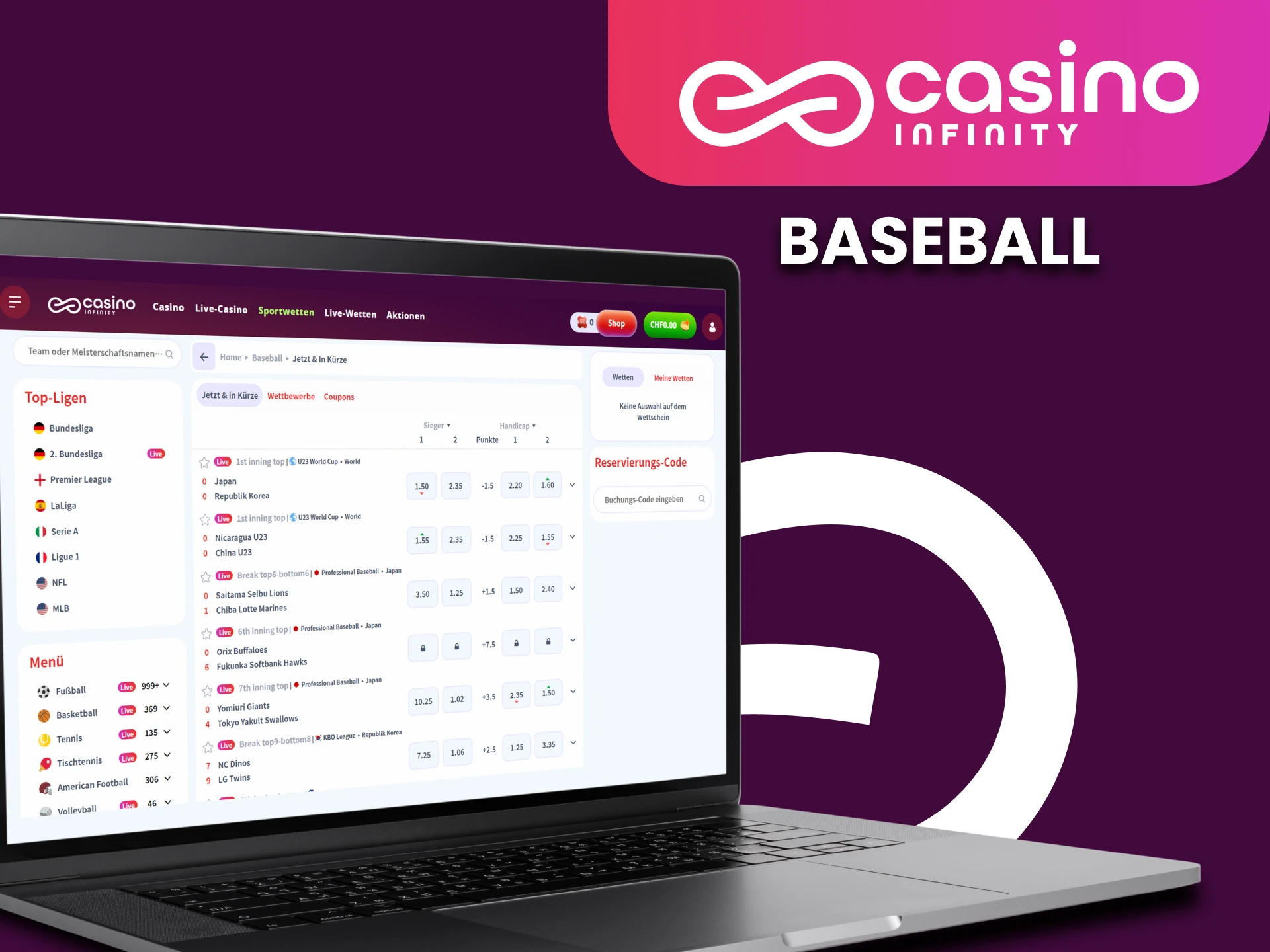 Im Casino Infinity finden Sie einen Bereich fur Baseball-Wetten.