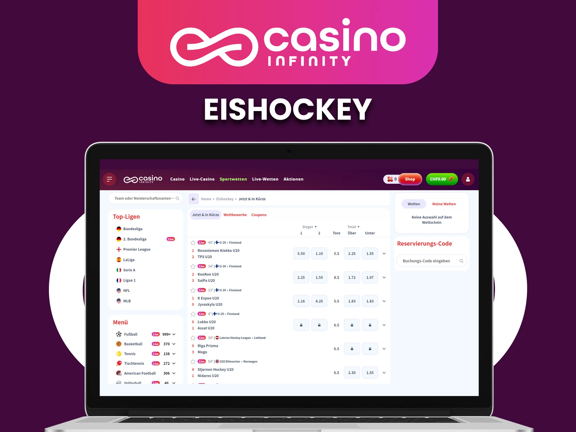 Im Casino Infinity gibt es einen Bereich fur Eishockey-Wetten.