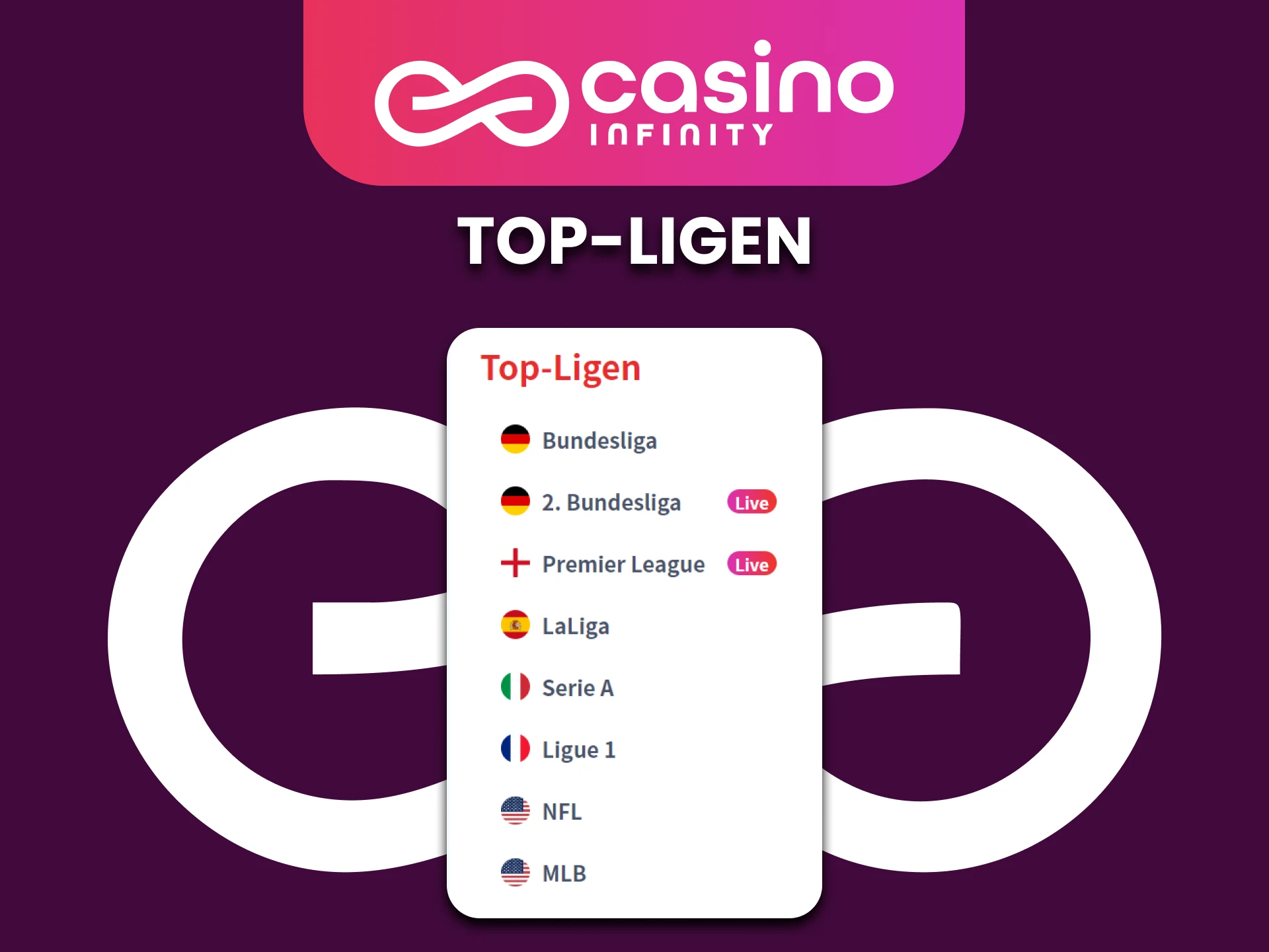 Versuchen Sie, im Casino Infinity auf diese Sportligen zu wetten.